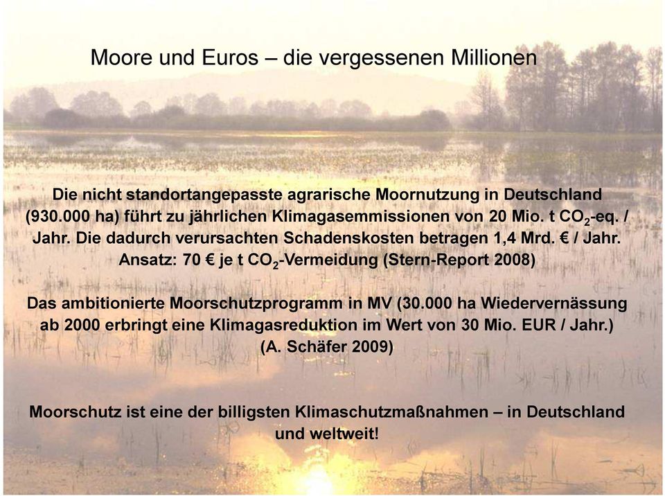 / Jahr. Ansatz: 70 je t CO 2 -Vermeidung (Stern-Report 2008) Das ambitionierte Moorschutzprogramm in MV (30.