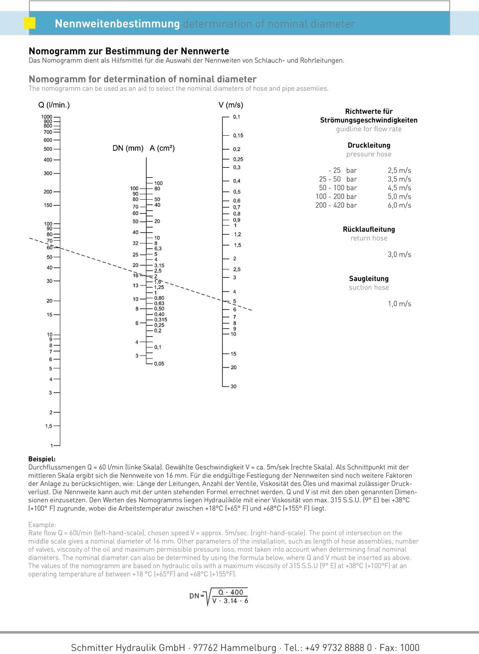 Richtwerte für Strömungsgeschwindigkeiten guidline for flow rate Druckleitung pressure hose - 25 bar 2,5 m/s 25-50 bar 3,5 m/s 50-100 bar 4,5 m/s 100-200 bar 5,0 m/s 200-420 bar 6,0 m/s