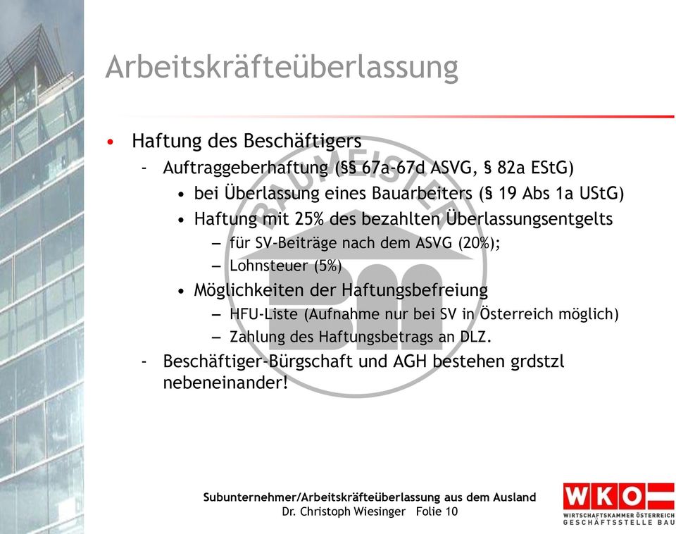 (20%); Lohnsteuer (5%) Möglichkeiten der Haftungsbefreiung HFU-Liste (Aufnahme nur bei SV in Österreich möglich)