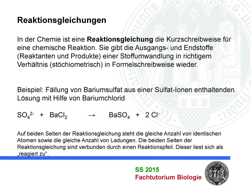 Beispiel: Fällung von Bariumsulfat aus einer SulfatIonen enthaltenden Lösung mit Hilfe von Bariumchlorid SO 4 2 + BaCl 2 BaSO 4 + 2 Cl Auf beiden Seiten der
