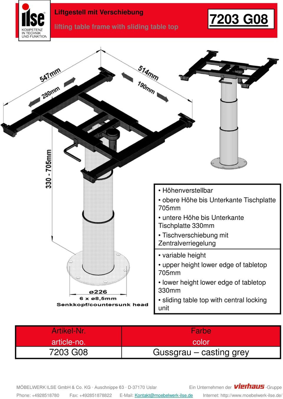 Tischverschiebung mit Zentralverriegelung variable height upper height lower edge of tabletop 705mm