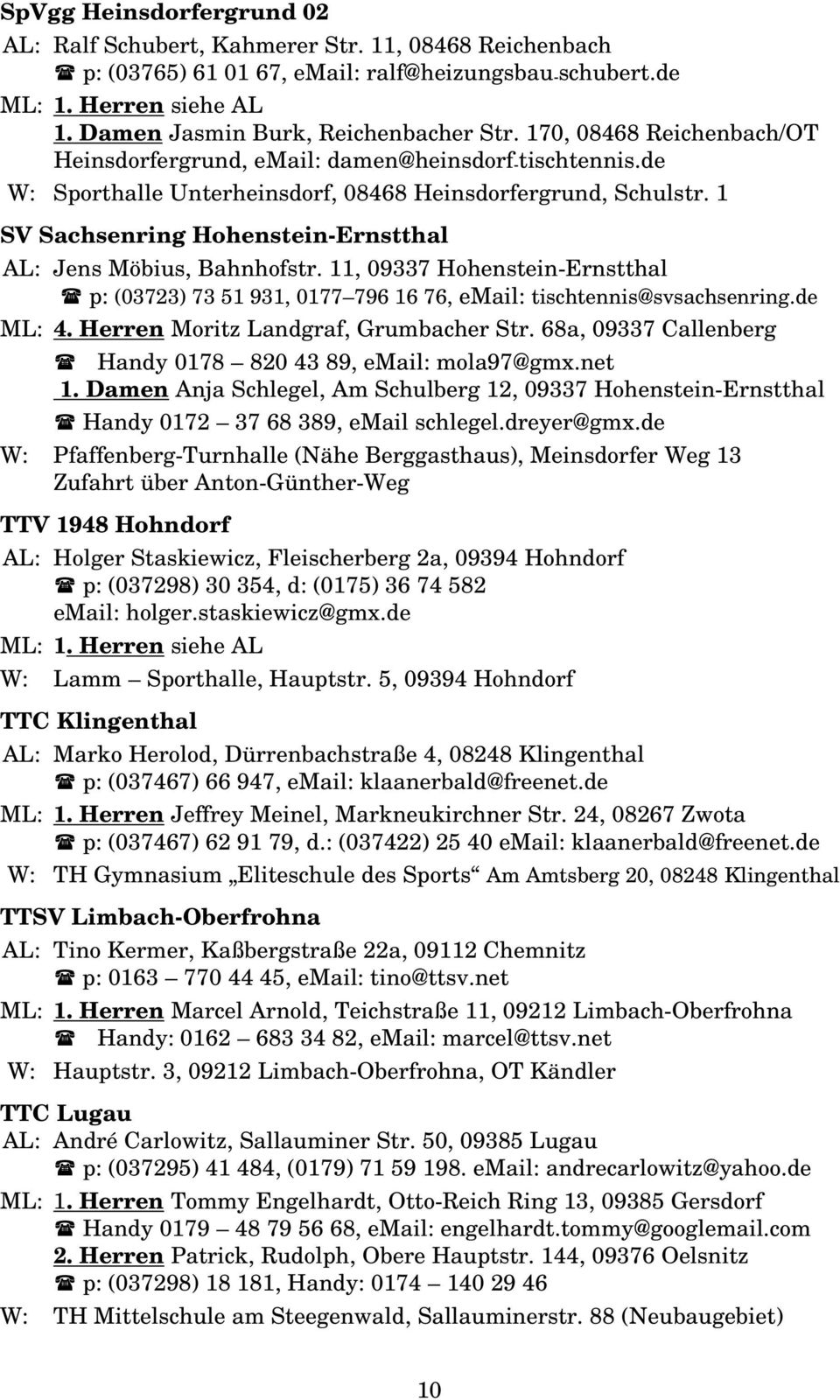1 SV Sachsenring Hohenstein-Ernstthal AL: Jens Möbius, Bahnhofstr. 11, 09337 Hohenstein-Ernstthal p: (03723) 73 51 931, 0177 796 16 76, email: tischtennis@svsachsenring.de ML: 4.