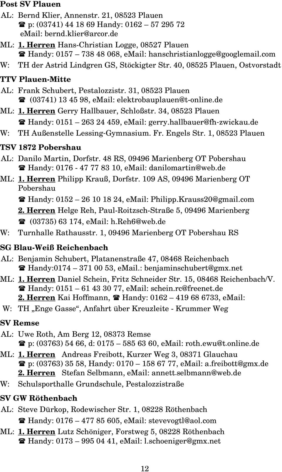 40, 08525 Plauen, Ostvorstadt TTV Plauen-Mitte AL: Frank Schubert, Pestalozzistr. 31, 08523 Plauen (03741) 13 45 98, email: elektrobauplauen@t-online.de ML: 1. Herren Gerry Hallbauer, Schloßstr.