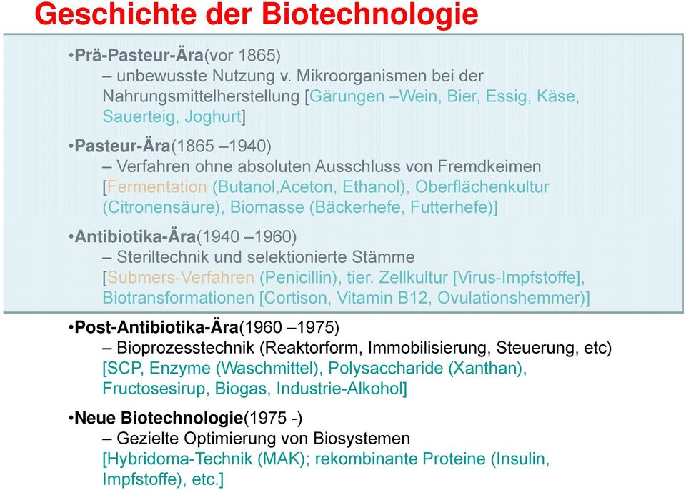(Butanol,Aceton, Ethanol), Oberflächenkultur (Citronensäure), Biomasse (Bäckerhefe, Futterhefe)] Antibiotika-Ära(1940 1960) Steriltechnik und selektionierte Stämme [Submers-Verfahren (Penicillin),