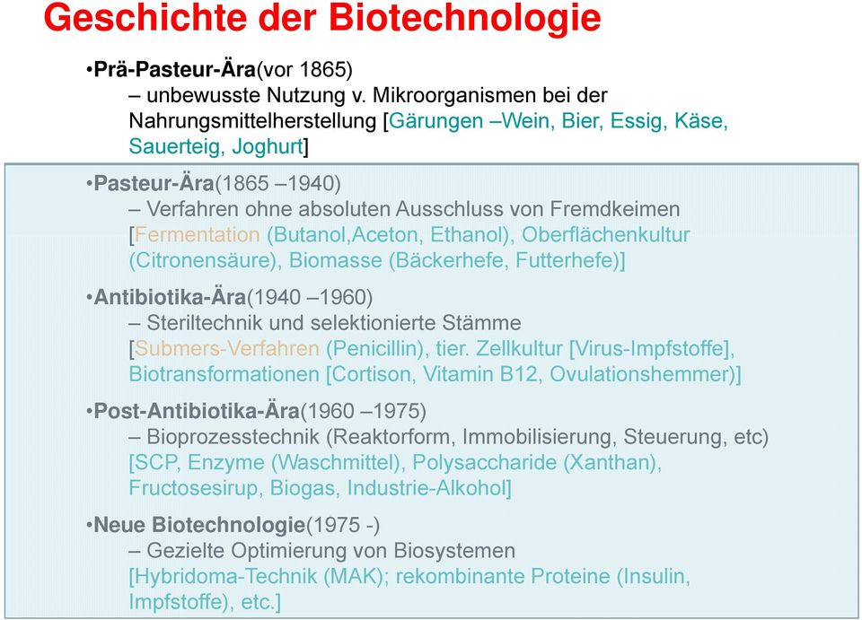 (Butanol,Aceton, Ethanol), Oberflächenkultur (Citronensäure), Biomasse (Bäckerhefe, Futterhefe)] Antibiotika-Ära(1940 1960) Steriltechnik und selektionierte Stämme [Submers-Verfahren (Penicillin),
