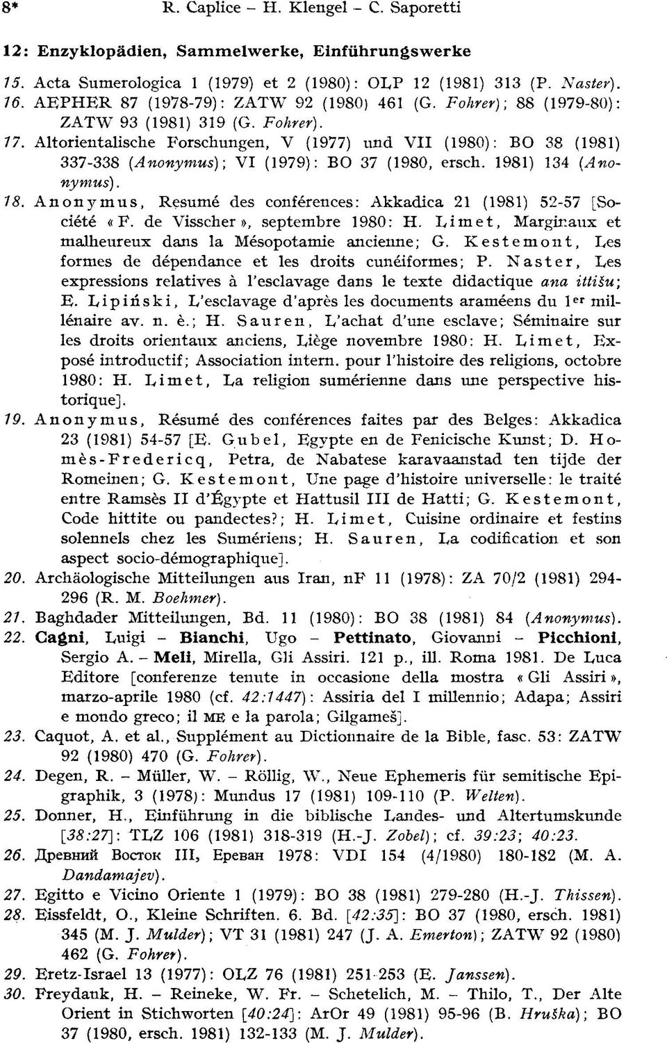 Anonymus); VI (1979): ВО 37 (1980, ersch. 1981) 134 (Anonymus). 18. Anonymus, Resumé des conférences: Akkadica 21 (1981) 52-57 [Société «F. de Visscher», septembre 1980: H.