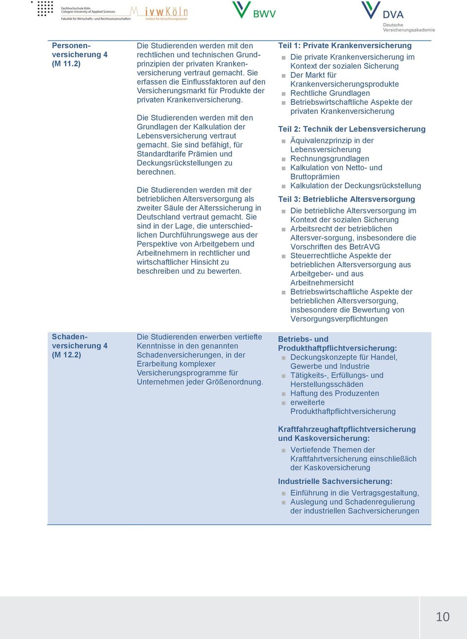 Die Studierenden werden mit den Grundlagen der Kalkulation der Lebensversicherung vertraut gemacht. Sie sind befähigt, für Standardtarife Prämien und Deckungsrückstellungen zu berechnen.