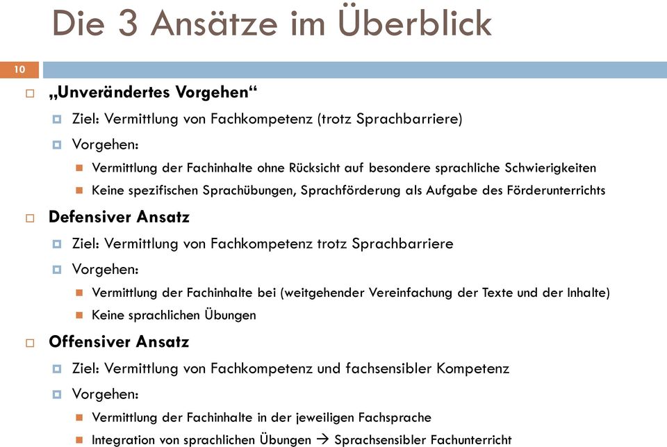 trotz Sprachbarriere Vorgehen: Vermittlung der Fachinhalte bei (weitgehender Vereinfachung der Texte und der Inhalte) Keine sprachlichen Übungen Offensiver Ansatz Ziel: