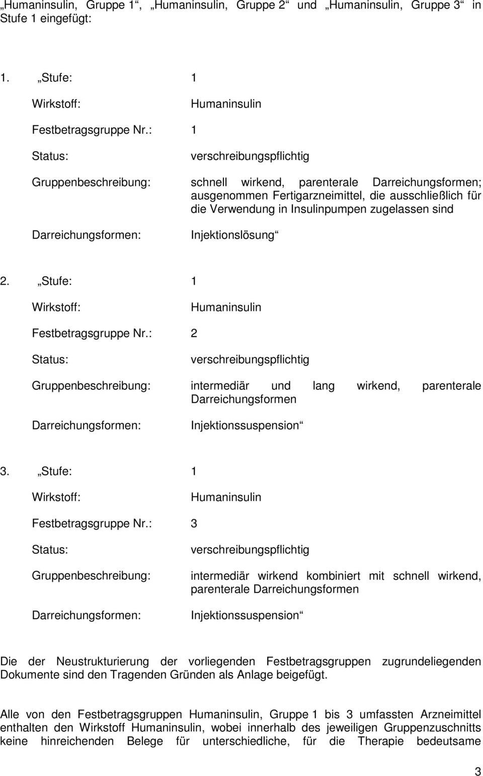 zugelassen sind Darreichungsformen: Injektionslösung 2. Stufe: 1 Wirkstoff: Humaninsulin Festbetragsgruppe Nr.