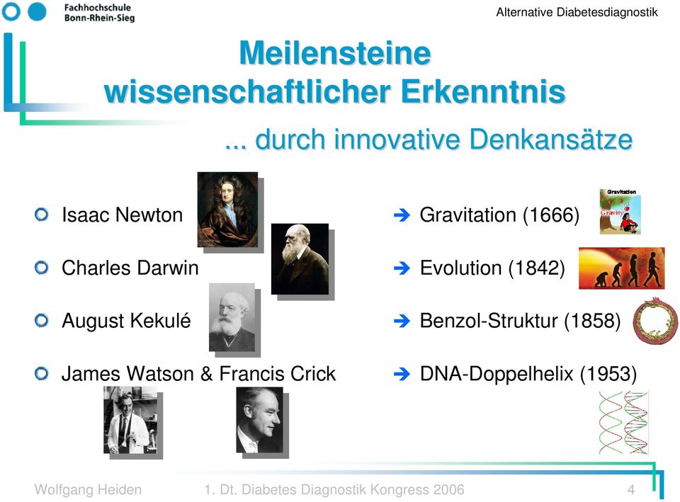 Watson & Francis Crick Gravitation (1666) Evolution (1842) Benzol-Struktur
