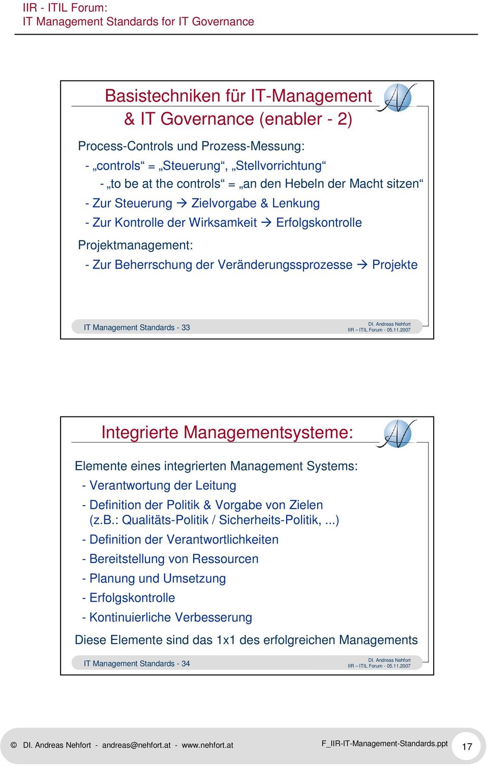 Integrierte Managementsysteme: Elemente eines integrierten Management Systems: - Verantwortung der Leitung - Definition der Politik & Vorgabe von Zielen (z.b.: Qualitäts-Politik / Sicherheits-Politik,.