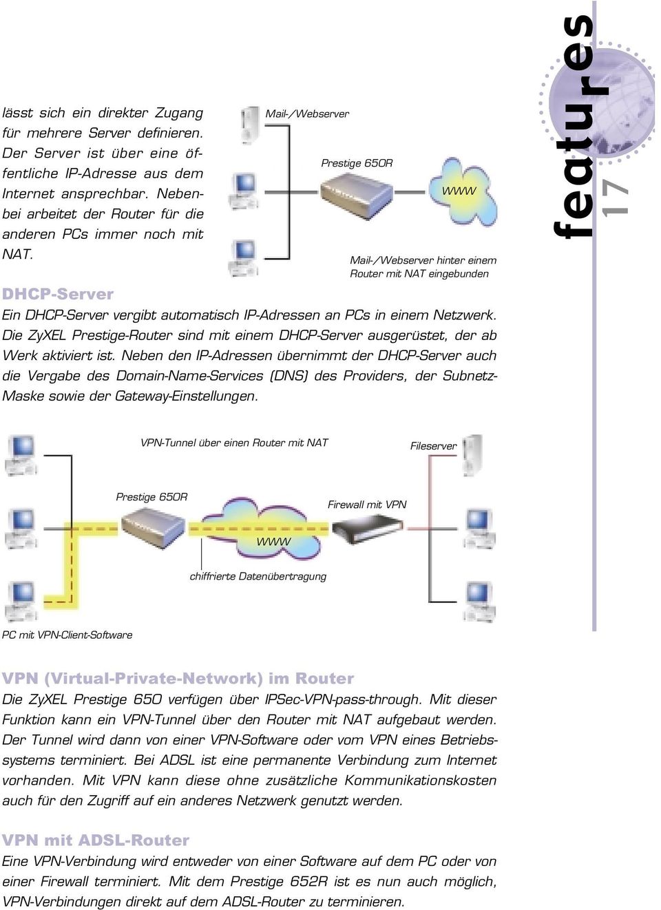 Mail-/Webserver Prestige 650R WWW Mail-/Webserver hinter einem Router mit NAT eingebunden DHCP-Server Ein DHCP-Server vergibt automatisch IP-Adressen an PCs in einem Netzwerk.