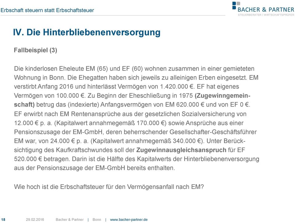 EF hat eigenes Vermögen von 100.000. Zu Beginn der Eheschließung in 1975 (Zugewinngemeinschaft) betrug das (indexierte) Anfangsvermögen von EM 620.000 und von EF 0.