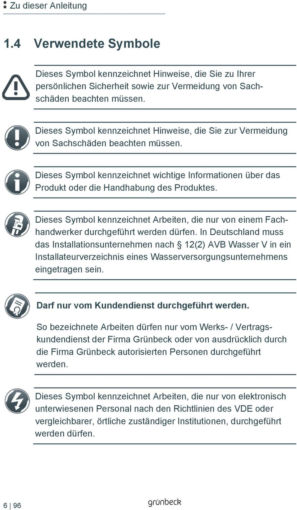 Dieses Symbol kennzeichnet Arbeiten, die nur von einem Fachhandwerker durchgeführt werden dürfen.