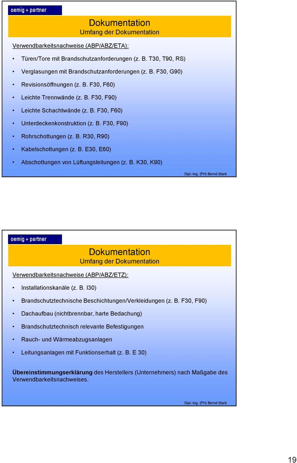 B. K30, K90) Dokumentation Umfang der Dokumentation Verwendbarkeitsnachweise (ABP/ABZ/ETZ): Installationskanäle (z. B.