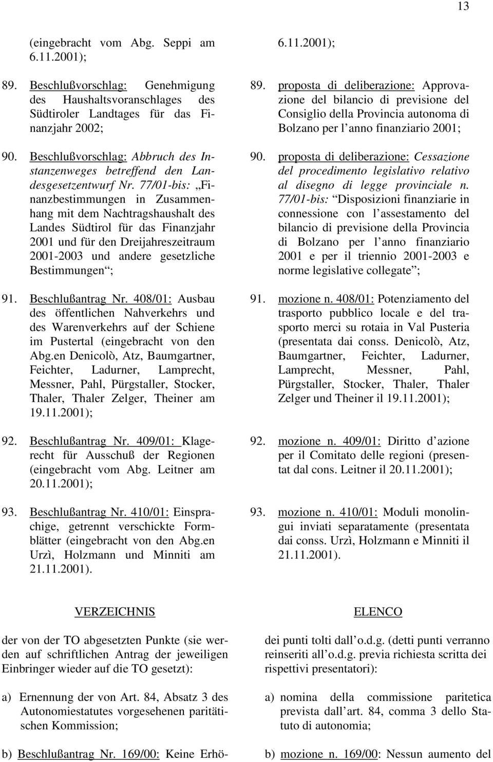 77/01-bis: Finanzbestimmungen in Zusammenhang mit dem Nachtragshaushalt des Landes Südtirol für das Finanzjahr 2001 und für den Dreijahreszeitraum 2001-2003 und andere gesetzliche Bestimmungen ; 91.