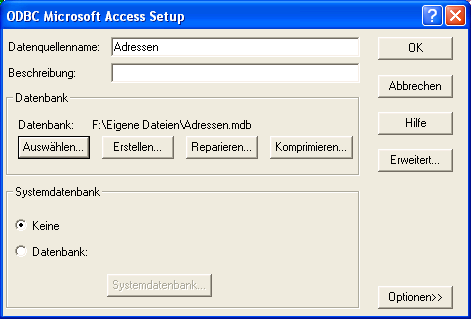 Wählen Sie den "Microsoft Access-Teiber" und klicken Sie auf "Fertig stellen". Geben Sie im Feld "Datenquellenname" den Namen "Adressen" oder einen beliebigen anderen Namen ohne Leerzeichen ein.
