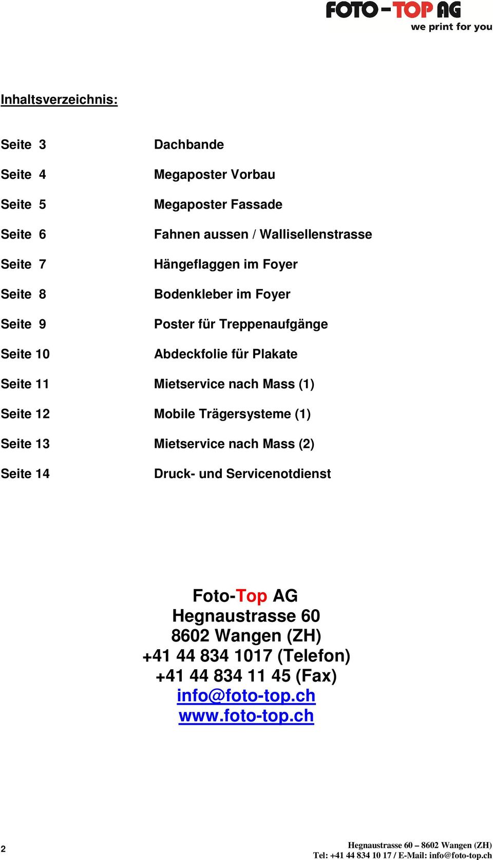 Seite 11 Mietservice nach Mass (1) Seite 12 Mobile Trägersysteme (1) Seite 13 Mietservice nach Mass (2) Seite 14 Druck- und