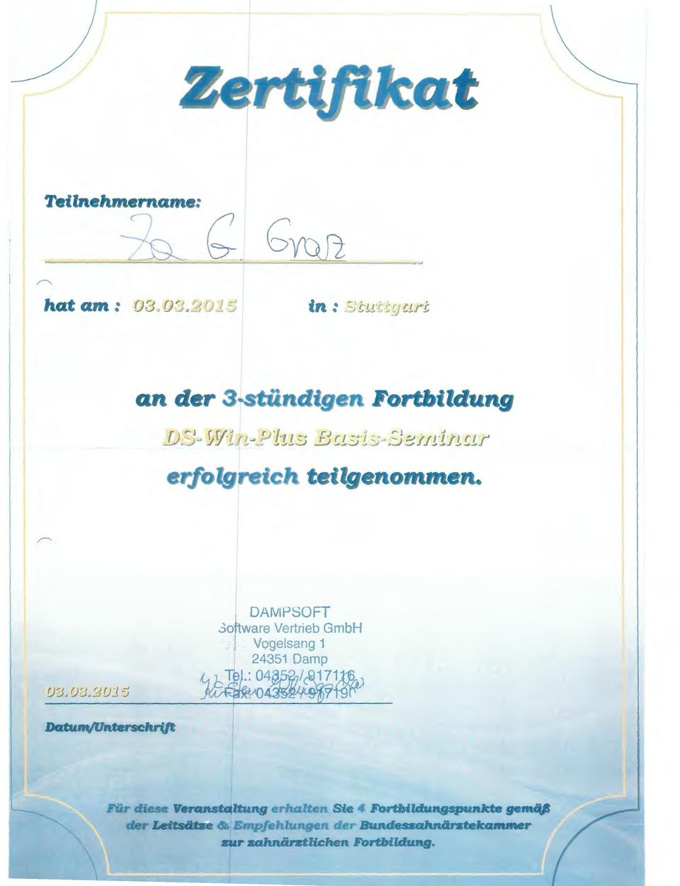3o~ware Vertrieb GmbH Vogelsang 1 1 24351 Damp ~-~ Nr cffese V.
