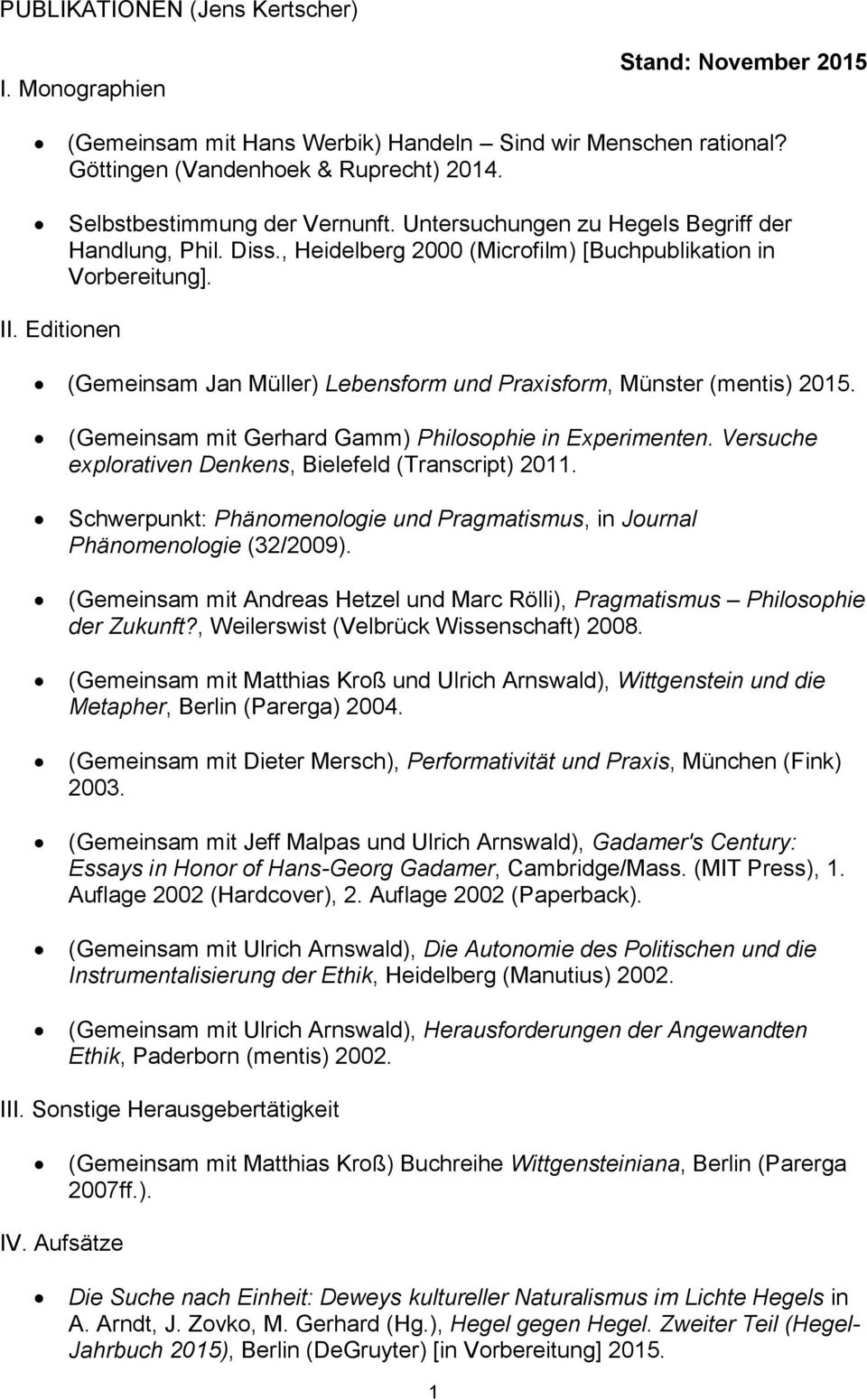 Editionen (Gemeinsam Jan Müller) Lebensform und Praxisform, Münster (mentis) 2015. (Gemeinsam mit Gerhard Gamm) Philosophie in Experimenten. Versuche explorativen Denkens, Bielefeld (Transcript) 2011.