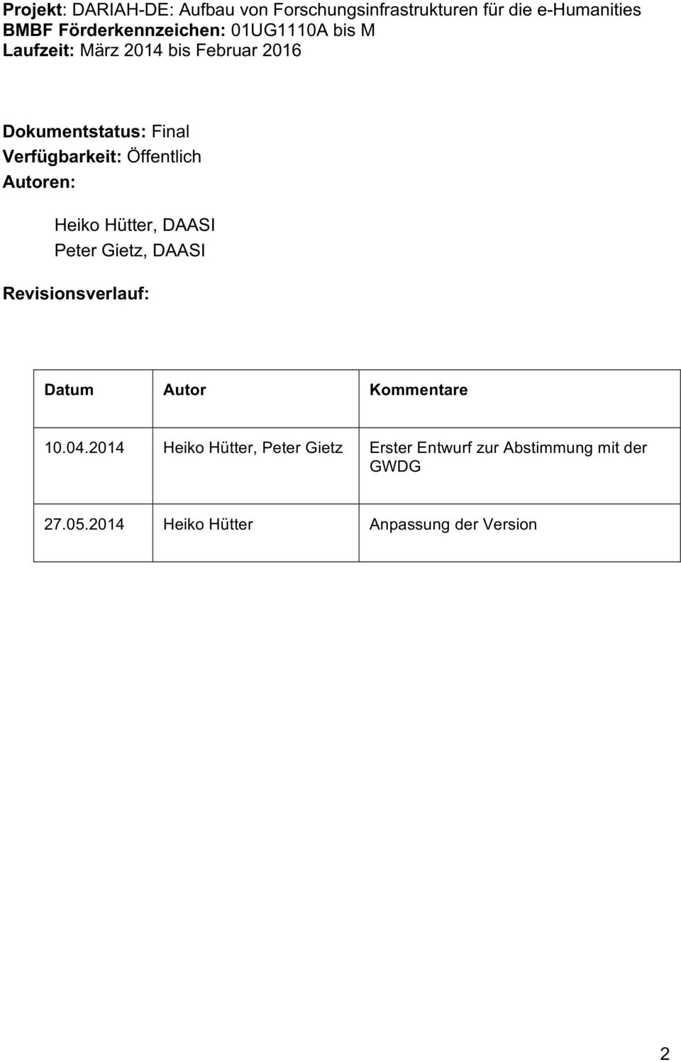 Autoren: Heiko Hütter, DAASI Peter Gietz, DAASI Revisionsverlauf: Datum Autor Kommentare 10.04.