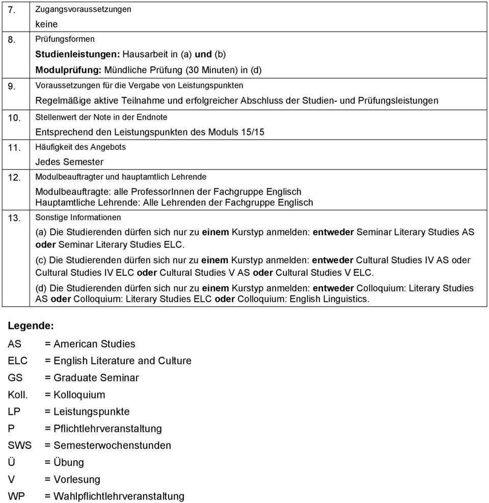 Stellenwert der Note in der Endnote Entsprechend den Leistungspunkten des Moduls 15/15 11. Häufigkeit des Angebots Jedes Semester 12.