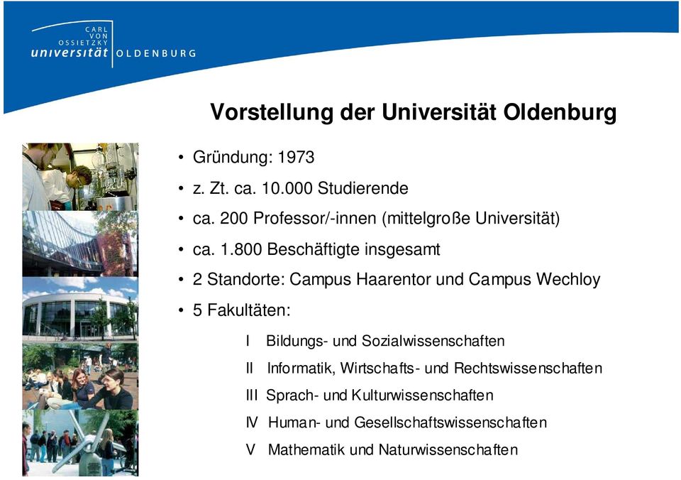 800 Beschäftigte insgesamt 2 Standorte: Campus Haarentor und Campus Wechloy 5 Fakultäten: I Bildungs- und