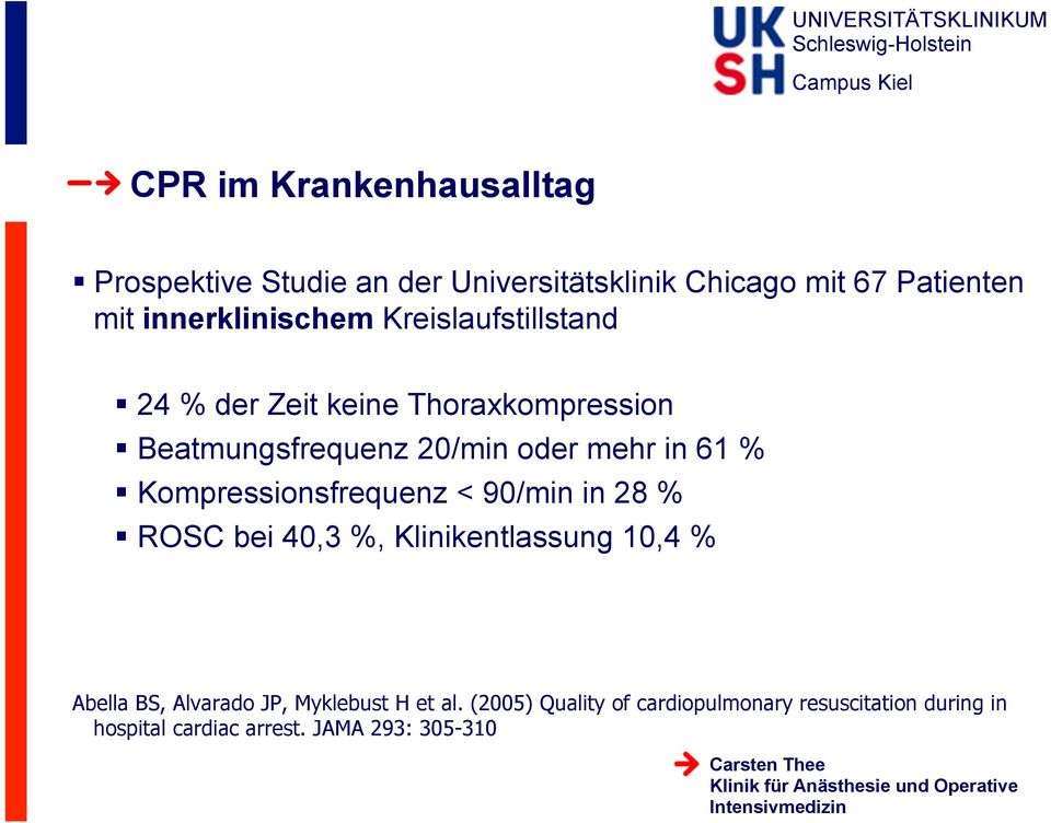 90/min in 28 % ROSC bei 40,3 %, Klinikentlassung 10,4 % Abella BS, Alvarado JP, Myklebust H et al.