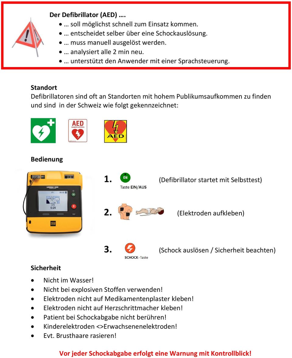 Standort Defibrillatoren sind oft an Standorten mit hohem Publikumsaufkommen zu finden und sind in der Schweiz wie folgt gekennzeichnet: Bedienung 1. (Defibrillator startet mit Selbsttest) 2.