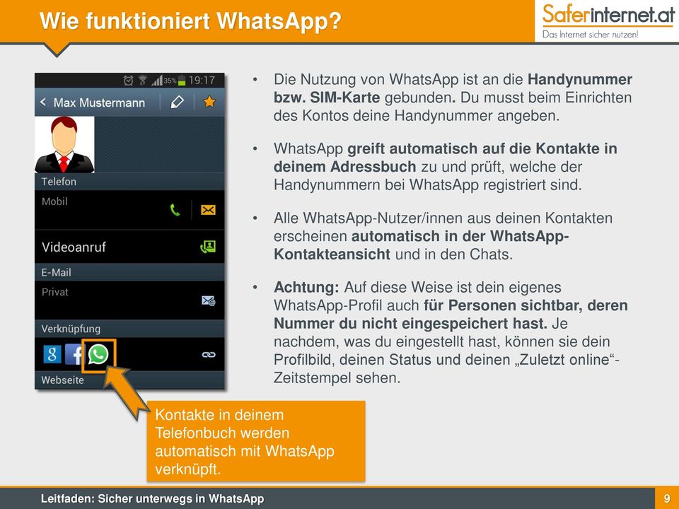 Alle WhatsApp-Nutzer/innen aus deinen Kontakten erscheinen automatisch in der WhatsApp- Kontakteansicht und in den Chats.
