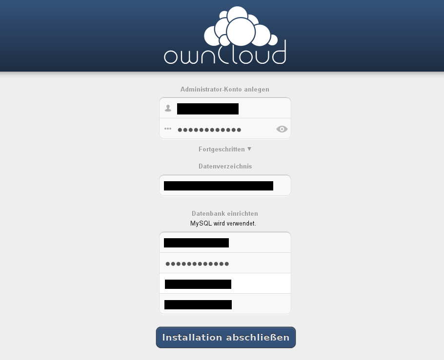 com /owncloud weil die Dateien der OwnCloud in ein eigenes Unterverzeichnis namens owncloud kopiert wurden.