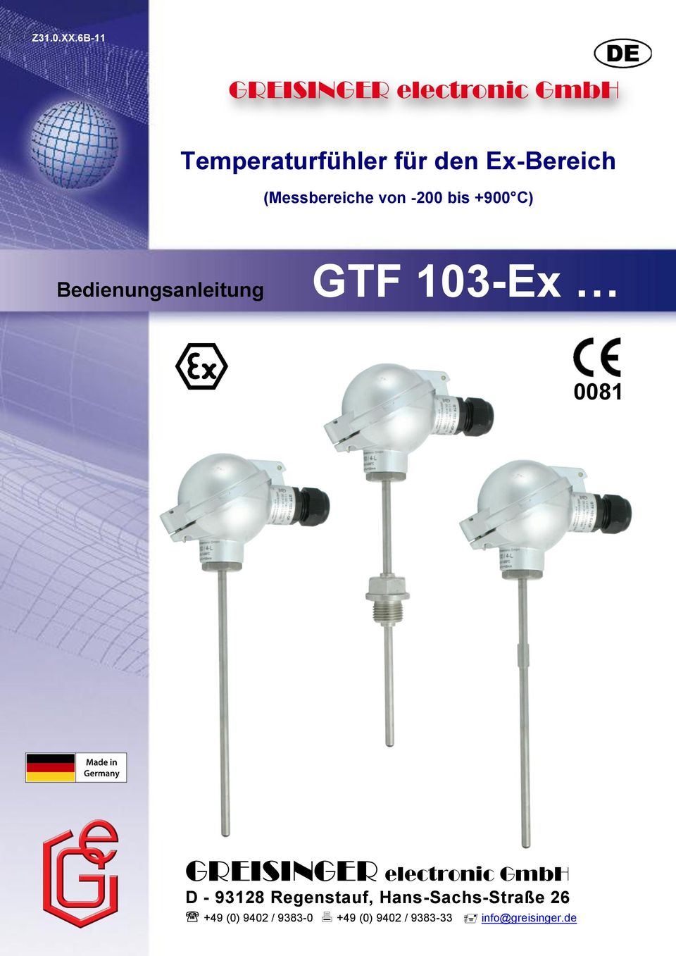 -200 bis +900 C) Bedienungsanleitung GTF 103-Ex 0081 GREISINGER