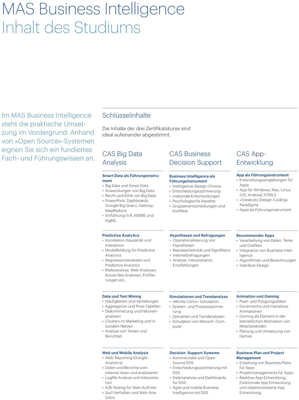 CAS Big Data Analysis CAS Business Decision Support CAS App- Entwicklung Smart Data als Führungsinstrument Big Data und Smart Data Anwendungen von Big Data Recht und Ethik von Big Data PowerPivot,