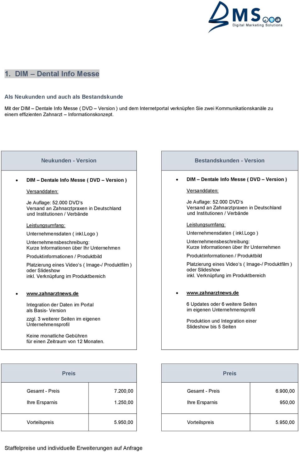 000 DVD s Versand an Zahnarztpraxen in Deutschland und Institutionen / Verbände Leistungsumfang: Unternehmensdaten ( inkl.