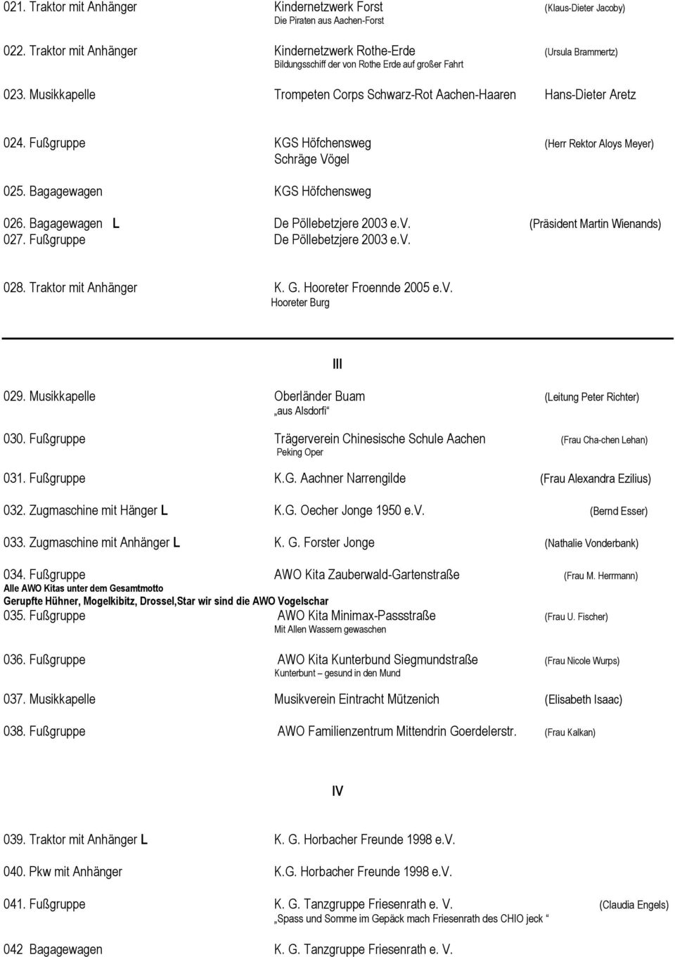 Fußgruppe KGS Höfchensweg (Herr Rektor Aloys Meyer) Schräge Vögel 025. Bagagewagen KGS Höfchensweg 026. Bagagewagen L De Pöllebetzjere 2003 e.v. (Präsident Martin Wienands) 027.