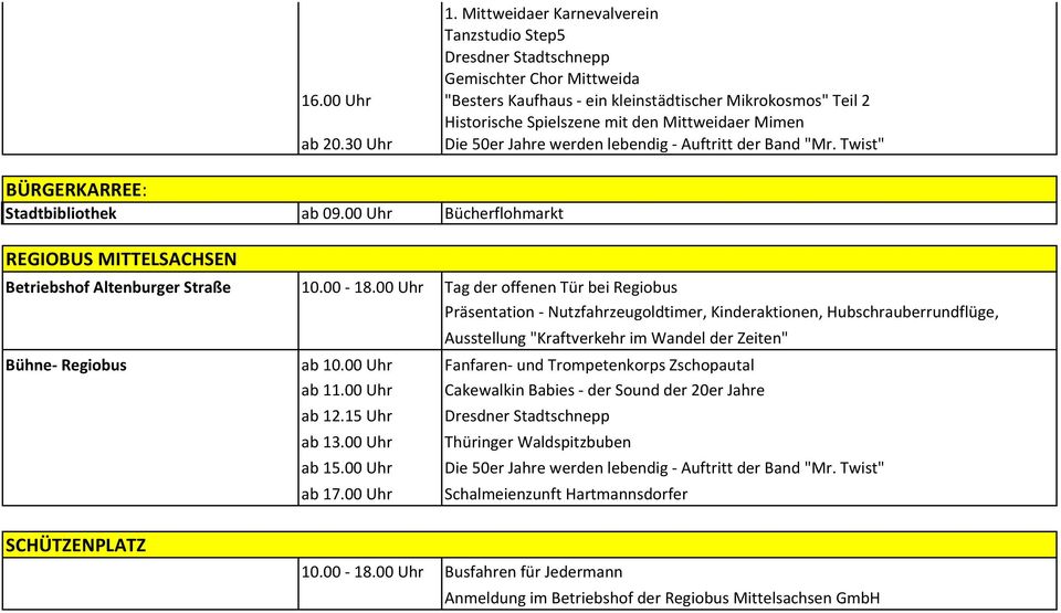 00 Uhr "Besters Kaufhaus - ein kleinstädtischer Mikrokosmos" Teil 2 Historische Spielszene mit den Mittweidaer Mimen ab 20.30 Uhr Die 50er Jahre werden lebendig - Auftritt der Band "Mr. Twist" 10.