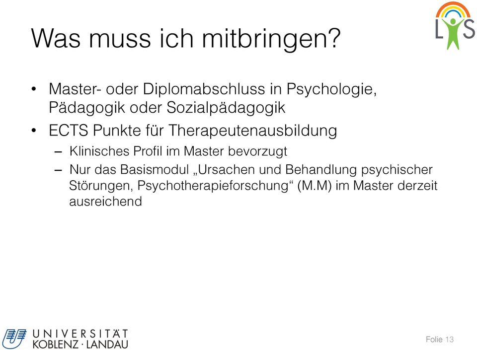 ECTS Punkte für Therapeutenausbildung Klinisches Profil im Master bevorzugt