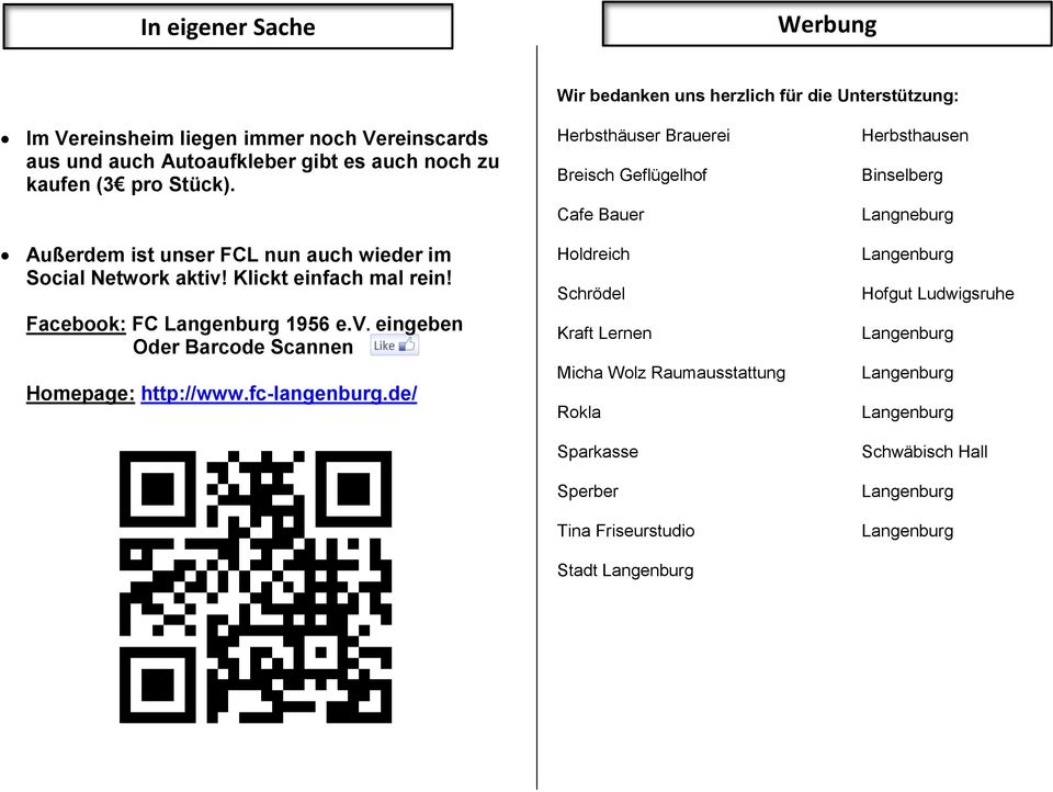 Facebook: FC 1956 e.v. eingeben Oder Barcode Scannen Homepage: http://www.fc-langenburg.