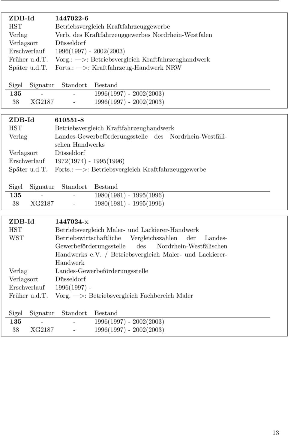 : >: Kraftfahrzeug-Handwerk NRW 135 - - 1996(1997) - 2002(2003) 38 XG2187-1996(1997) - 2002(2003) ZDB-Id 610551-8 HST Betriebsvergleich Kraftfahrzeughandwerk Landes-Gewerbeförderungsstelle des