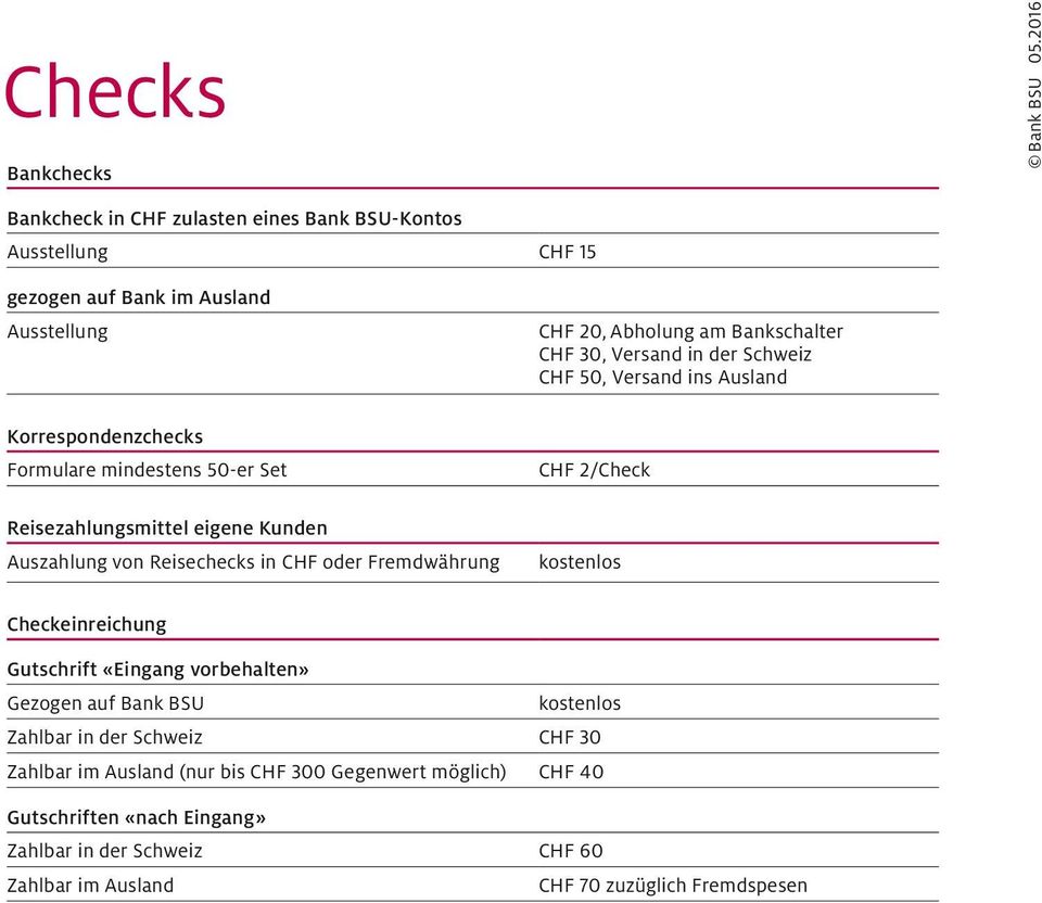Versand in der Schweiz 0, Versand ins Ausland CHF 2/Check Checkeinreichung Gutschrift «Eingang vorbehalten» Gezogen auf Bank BSU Zahlbar in der Schweiz CHF 30