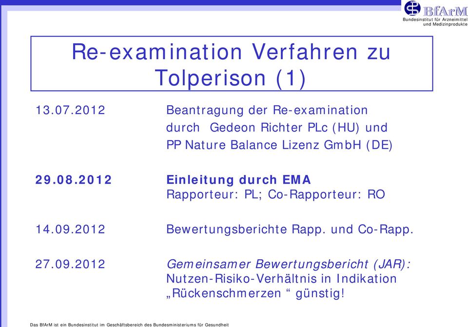 GmbH (DE) 29.08.2012 Einleitung durch EMA Rapporteur: PL; Co-Rapporteur: RO 14.09.