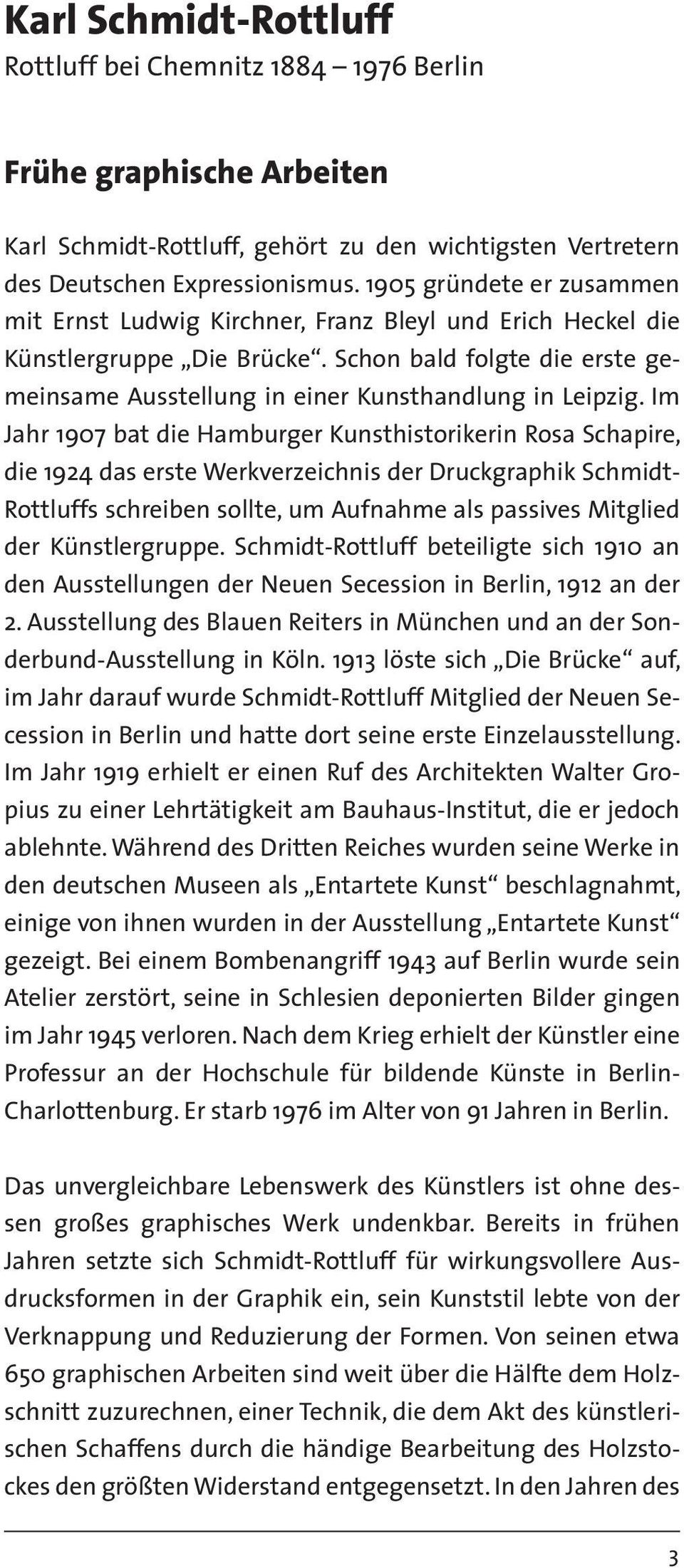 Im Jahr 1907 bat die Hamburger Kunsthistorikerin Rosa Schapire, die 1924 das erste Werkverzeichnis der Druckgraphik Schmidt- Rottluffs schreiben sollte, um Aufnahme als passives Mitglied der