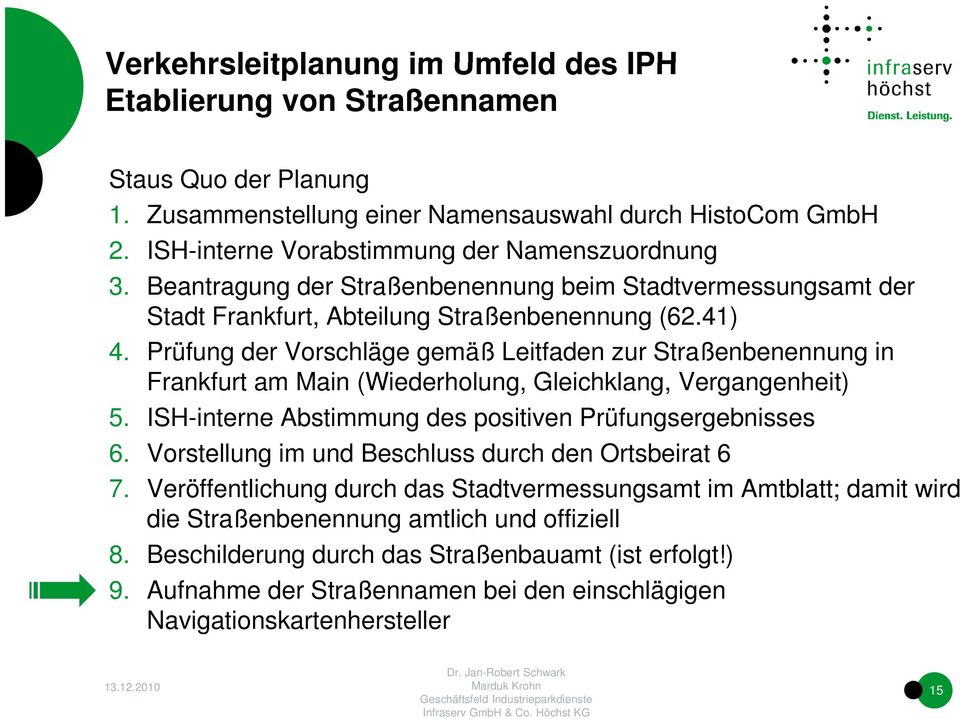 Püf Prüfung der Vorschläge gemäß äßleitfaden zur Straßenbenennung in Frankfurt am Main (Wiederholung, Gleichklang, Vergangenheit) 5. ISH-interne Abstimmung des positiven Prüfungsergebnisses 6.