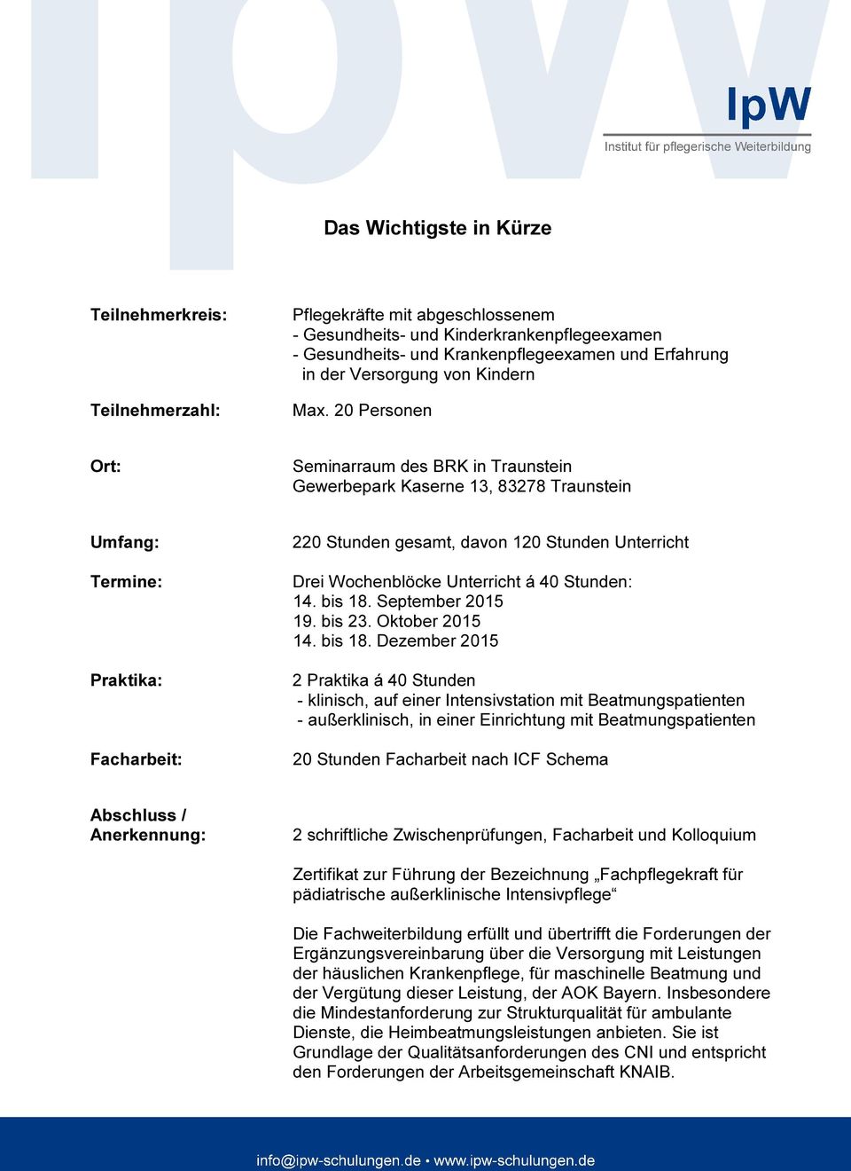 20 Personen Ort: Seminarraum des BRK in Traunstein Gewerbepark Kaserne 13, 83278 Traunstein Umfang: Termine: Praktika: Facharbeit: 220 Stunden gesamt, davon 120 Stunden Unterricht Drei Wochenblöcke