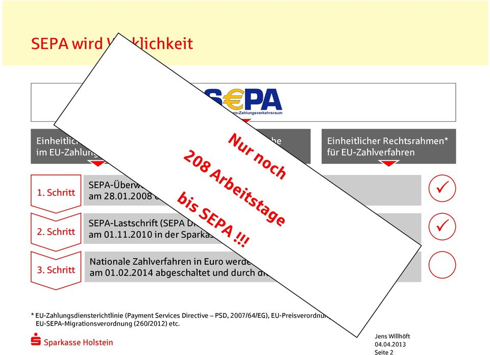 !! SEPA-Lastschrift (SEPA Direct Debit SDD) am 01.11.2010 in der Sparkassen-Finanzgruppe eingeführt 3. Schritt Nationale Zahlverfahren in Euro werden am 01.02.