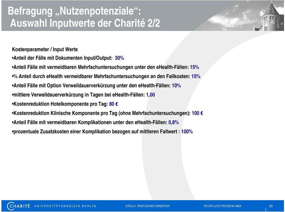 Verweildauerverkürzung in Tagen bei ehealth-fällen: 1,00 Kostenreduktion Hotelkomponente pro Tag: 80 Kostenreduktion Klinische Komponente pro Tag (ohne Mehrfachuntersuchungen): 100 Anteil Fälle mit