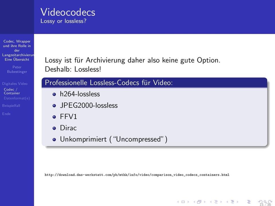 Professionelle Lossless-Codecs für Video: h264-lossless JPEG2000-lossless FFV1