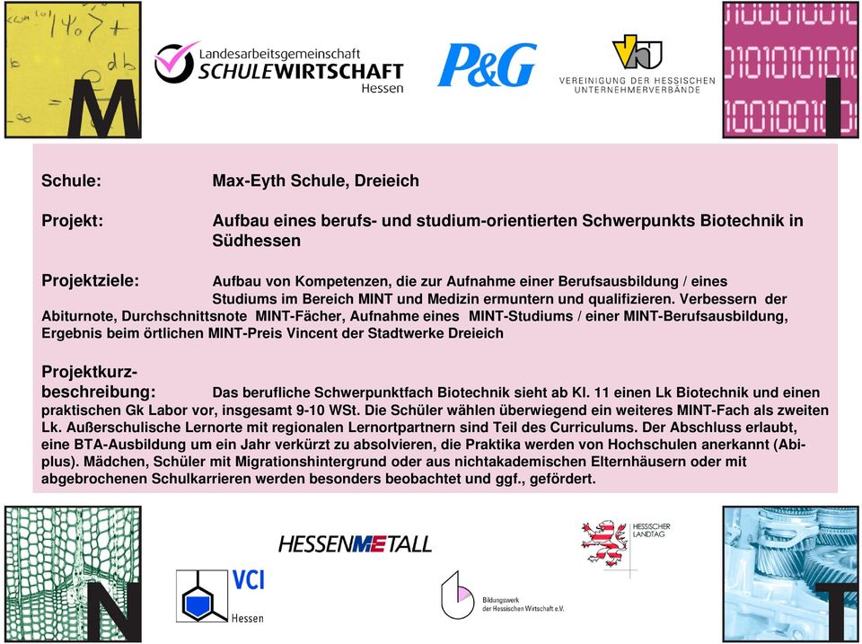 Verbessern der Abiturnote, Durchschnittsnote MINT-Fächer, Aufnahme eines MINT-Studiums / einer MINT-Berufsausbildung, Ergebnis beim örtlichen MINT-Preis Vincent der Stadtwerke Dreieich Das berufliche