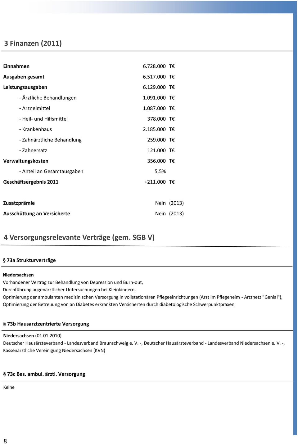 000 T Zusatzprämie Nein (2013) Ausschüttung an Versicherte Nein (2013) 4 Versorgungsrelevante Verträge (gem.
