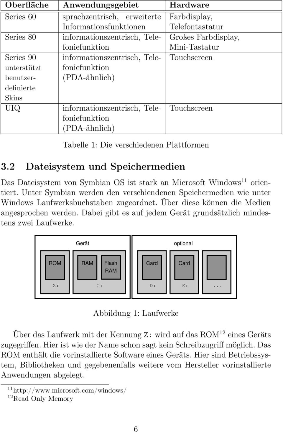 Tabelle 1: Die verschiedenen Plattformen 3.2 Dateisystem und Speichermedien Das Dateisystem von Symbian OS ist stark an Microsoft Windows 11 orientiert.